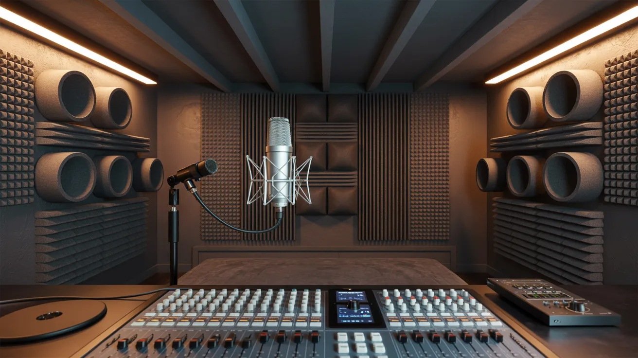Basement recording studio with microphone setup, acoustic treatment, mixing desk, and soundproof design.