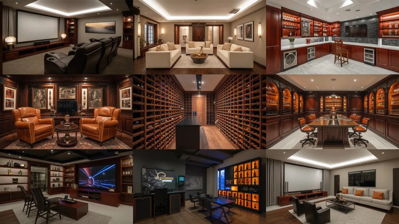 Luxury basement collage with home cinema, upscale lounge, private bar, cigar room, wine cellar, whiskey tasting room, premium gaming setup, and entertainment suite.