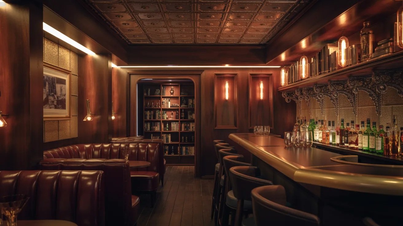 Speakeasy basement bar with dark wood, velvet seating, dim lighting, and vintage lounge atmosphere.