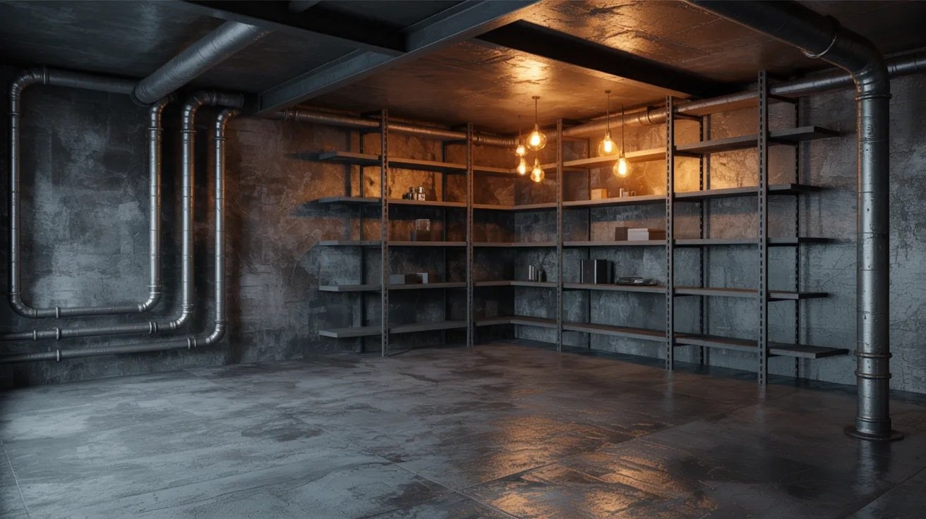 Industrial basement design with exposed pipes, concrete floors, metal shelving, and urban loft atmosphere.