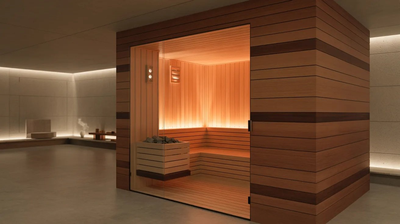 Modern basement sauna with warm wood interior, ambient lighting, and relaxing wellness design.