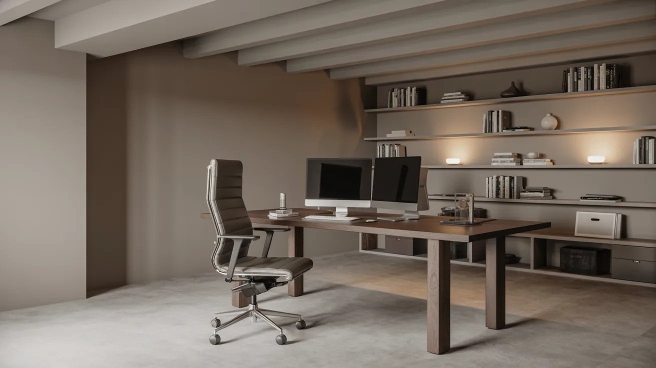 Modern basement home office with desk setup, ergonomic chair, shelving, and productive workspace design.