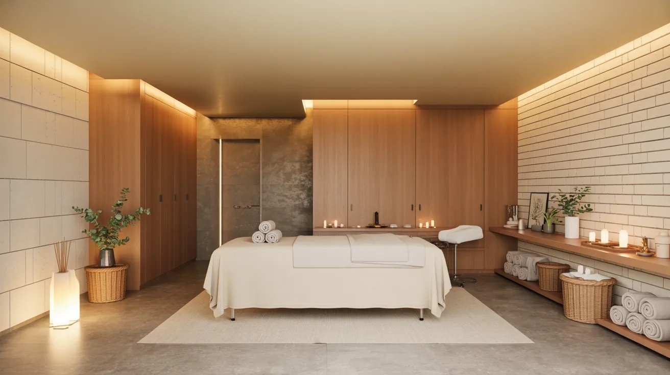 Cozy basement spa room with massage table, warm lighting, diffuser, and relaxing wellness decor.