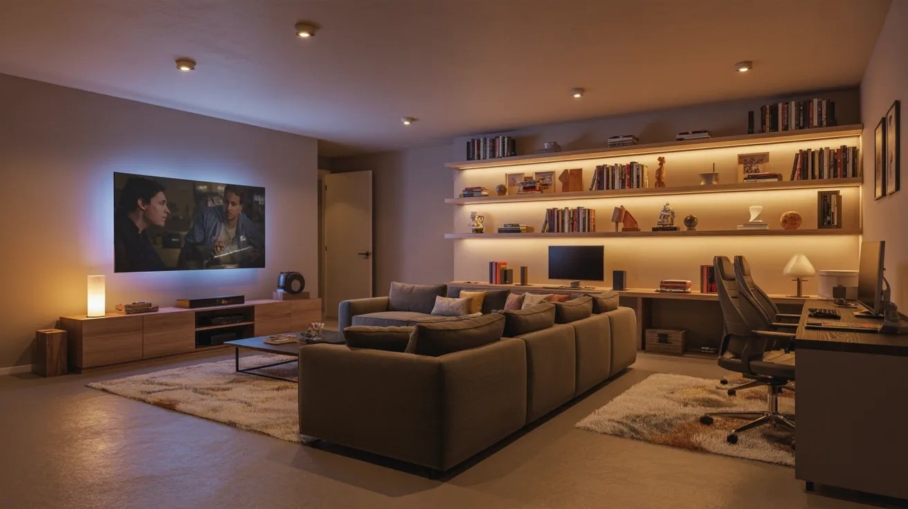 Cozy basement entertainment room with sectional seating, warm lighting, TV setup, and modern family-friendly design.