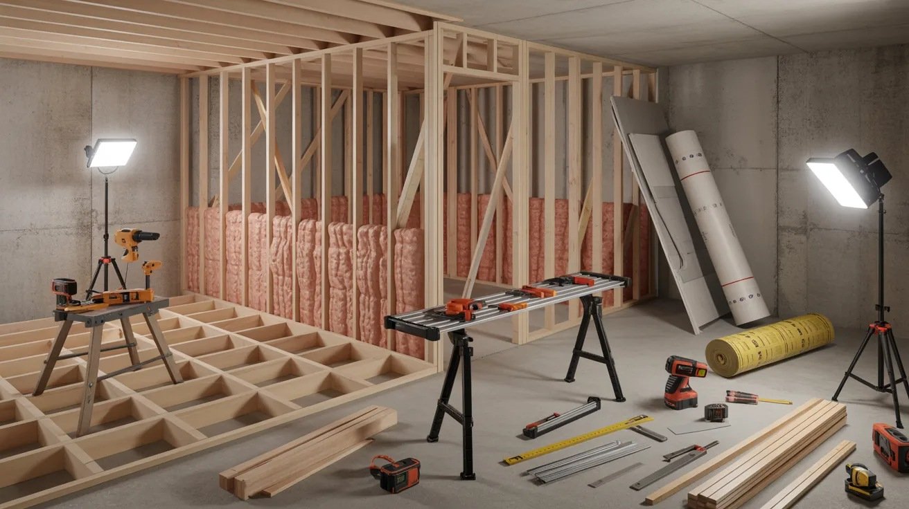 Basement renovation process with framing, insulation, tools, and unfinished space transformation.