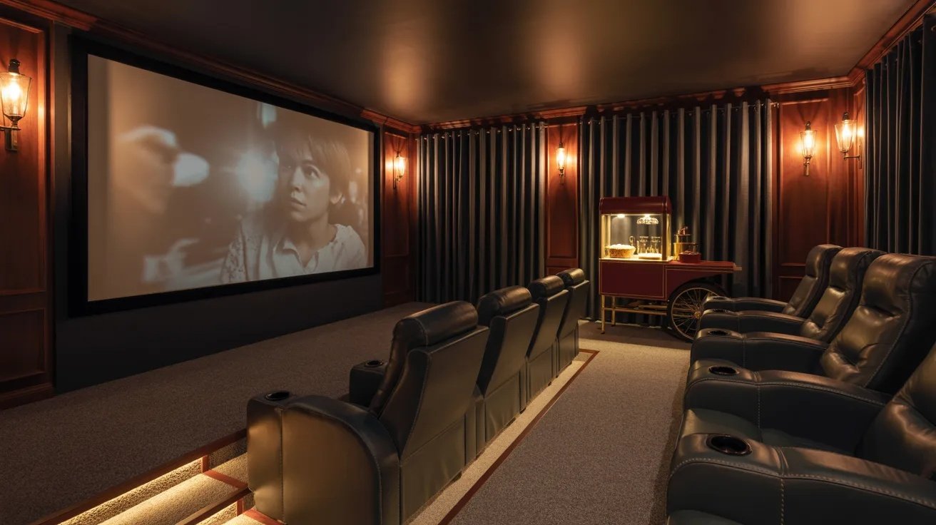 Basement cinema room with projector screen, tiered seating, theater lighting, and cozy movie setup.