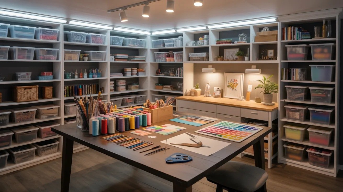 Organized basement craft room with storage shelves, worktable, bright lighting, and creative hobby setup.