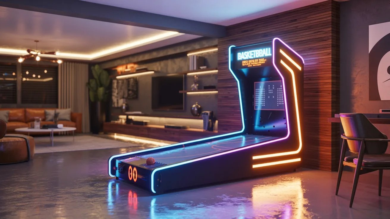 Basement basketball arcade room with mini hoops, arcade games, LED lighting, and family entertainment setup.