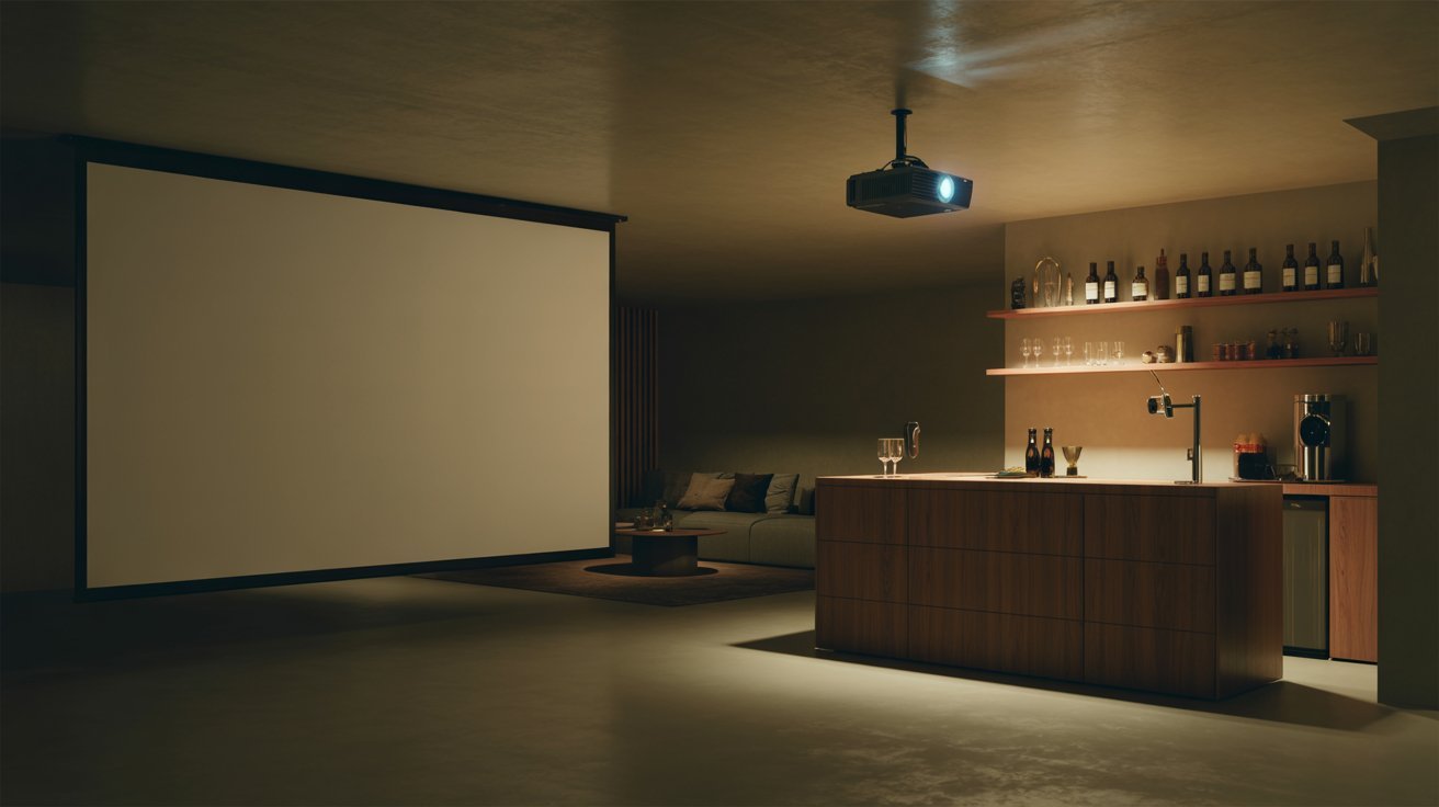 "Basement bar with mini projector cinema setup, pull-down screen, and warm ambient lighting creating a modern home theater entertainment room"