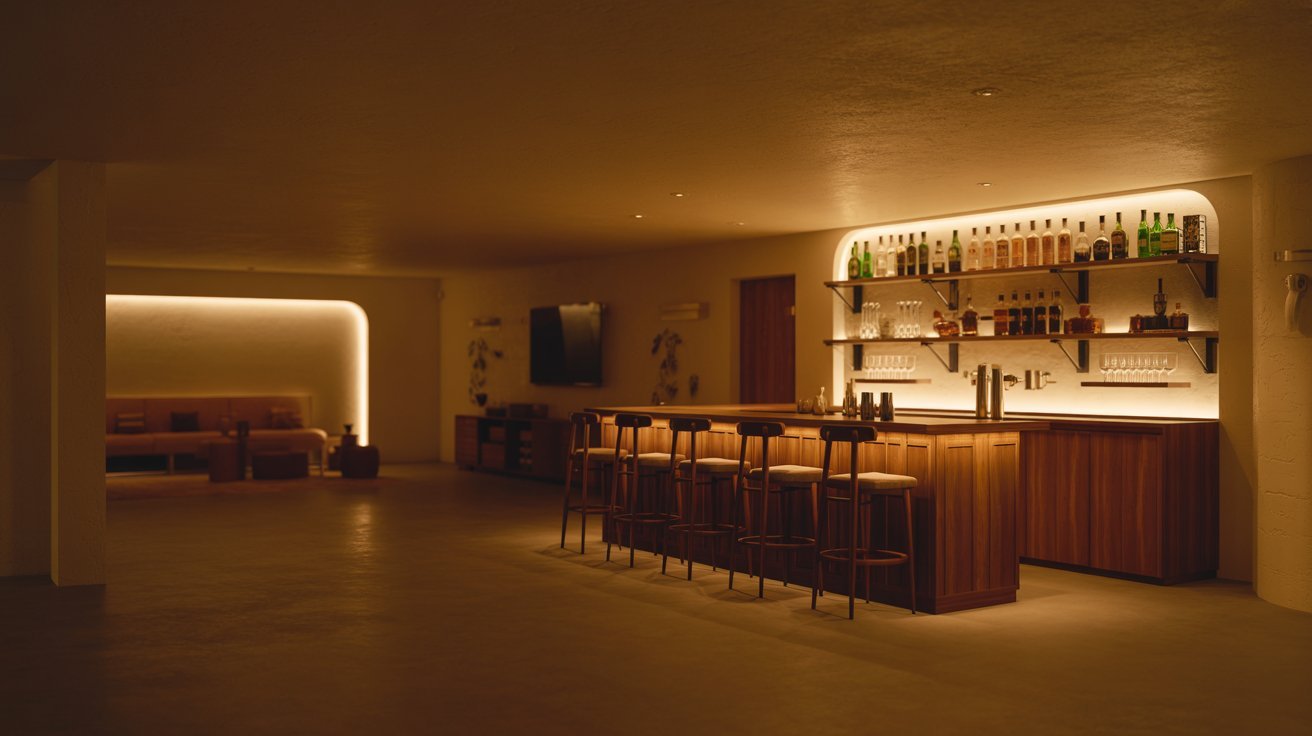 "Modern basement bar interior with wooden counter, ambient lighting, shelves of bottles, and cozy empty lounge design"