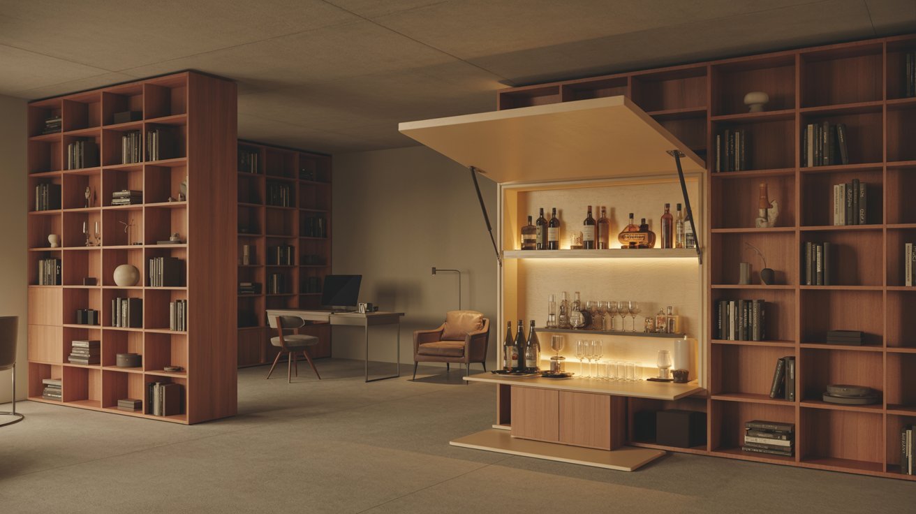 "Convertible bookshelf basement bar opening into a hidden compact bar with bottles and glassware in a modern multifunctional home space"