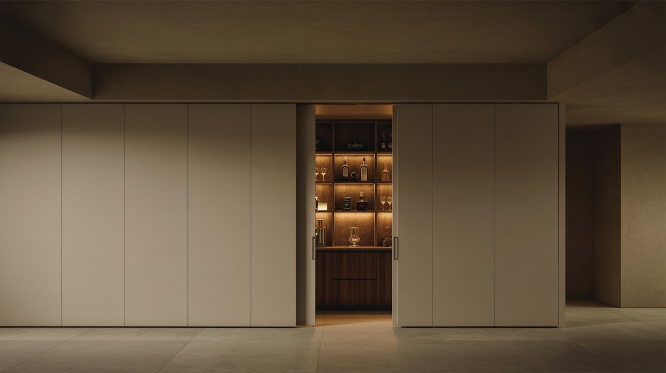 "Hidden sliding door basement bar cabinet revealing a concealed modern bar with warm lighting inside a minimalist wall design"
