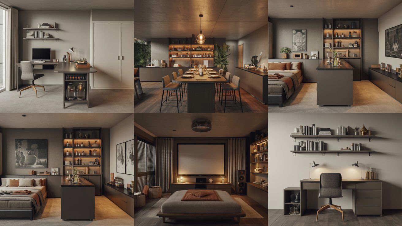 "Collage of multi-functional basement bar ideas including work-from-home bar, dining integrated bar, guest lounge bar, home theater bar, and study desk mini bar in modern interiors"